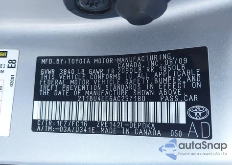 2010 Toyota Corolla Le z USA, uszkodzony, nr VIN 2T1BU4EE6AC257180